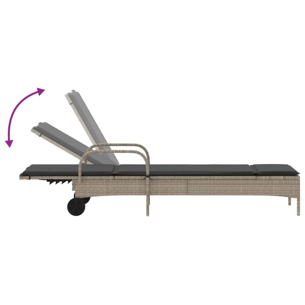 Lettino Prendisole con Ruote e Cuscino Polyrattan Grigio Chiaro 368313