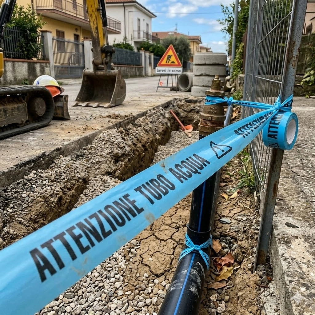 NASTRO SEGNALETICO ATTENZIONE TUBAZIONI ACQUA cm. 10x200 mtl. col. Azzurro
