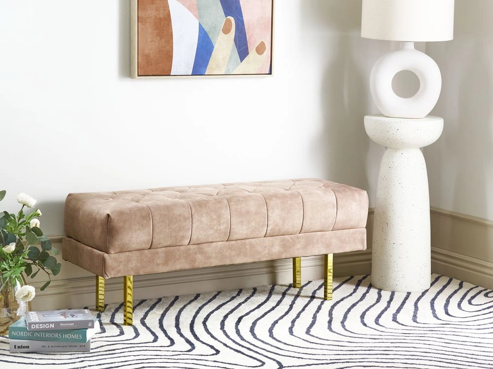 Panca Taupe Tessuto imbottito Velluto Accento di metallo Gambe d'oro Panca da letto Sgabello