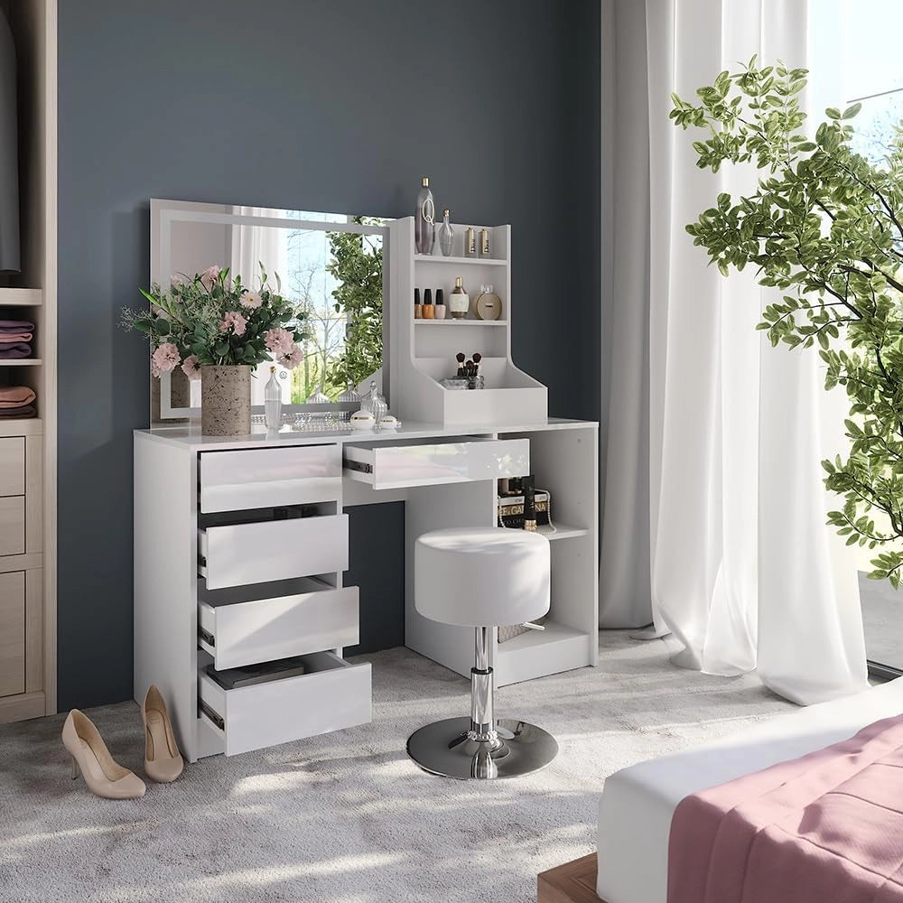 Tavolo da toeletta Sherry, Bianco/bianco lucido, 128.2 cm 4 parti