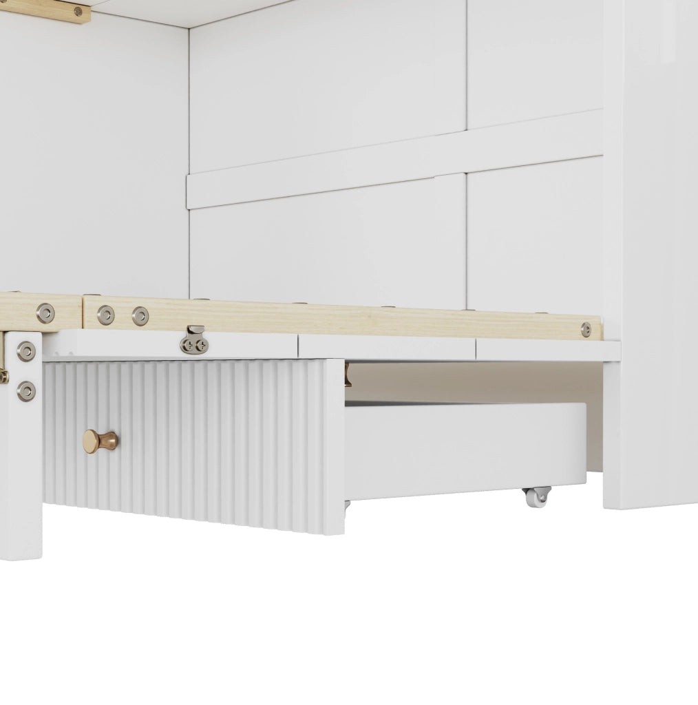Letto a scomparsa 140x200 cm bianco con LED, USB, presa e cassetti
