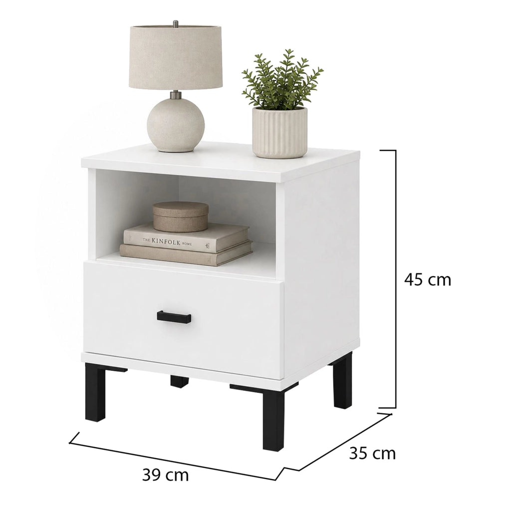 Jinja, Comodino un Cassetto, 39x35x45h cm Bianco Opaco