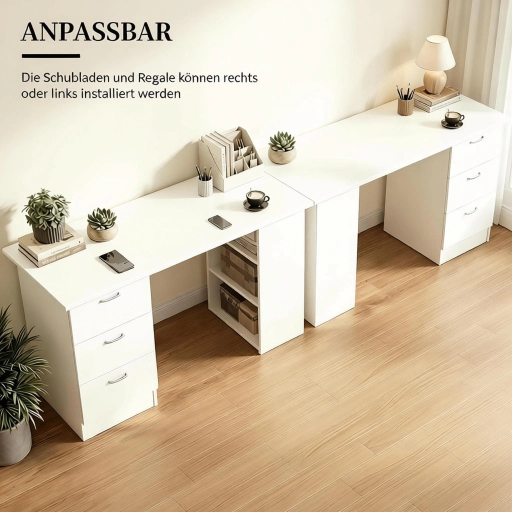 SCRIVANIA da computer 120 cm MDF bianco con 3 cassetti e 3 ripiani