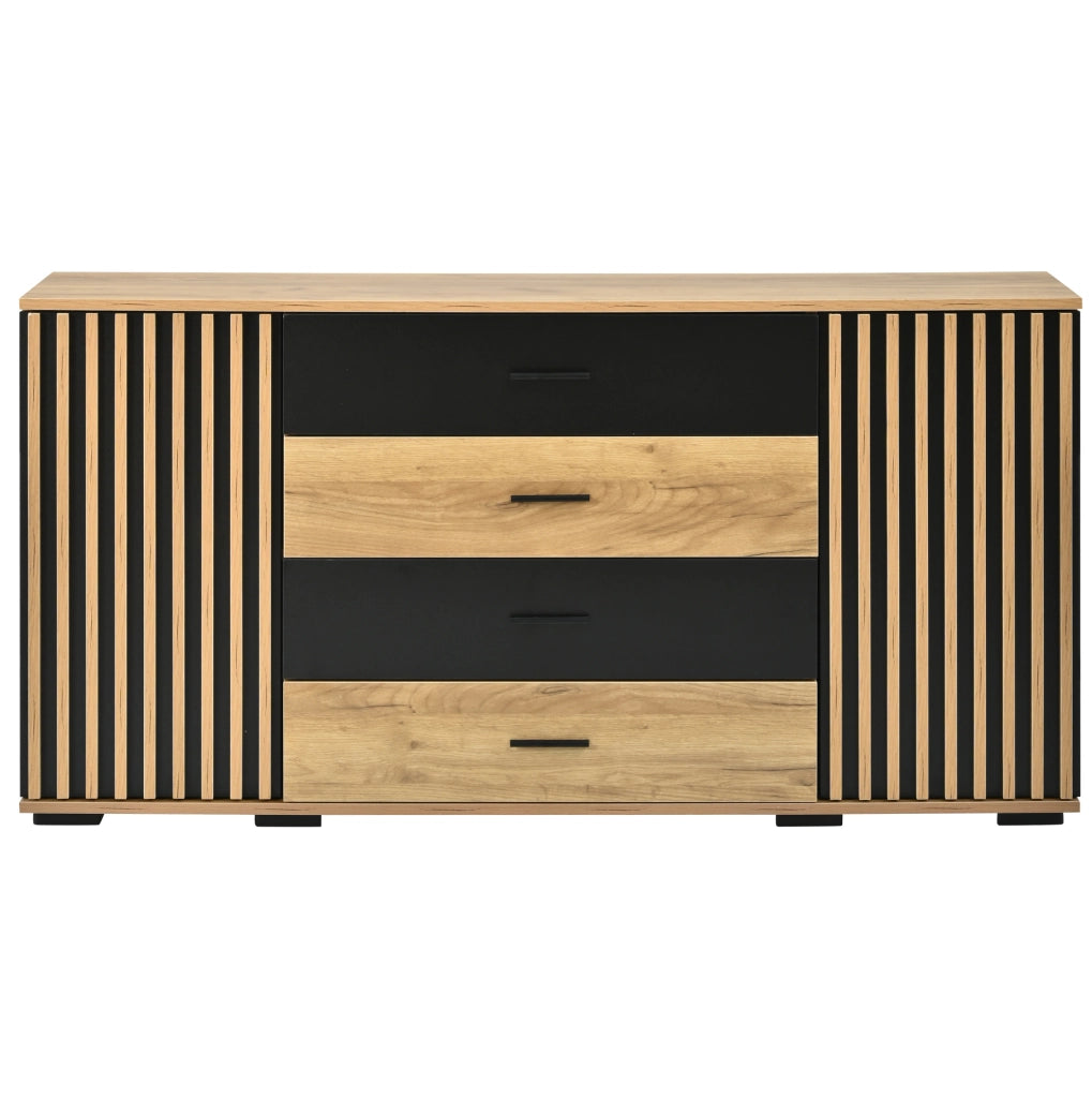 Credenza 140x35x70 cm con 4 cassetti e 2 ante in MDF nero e rovere HOMVRA