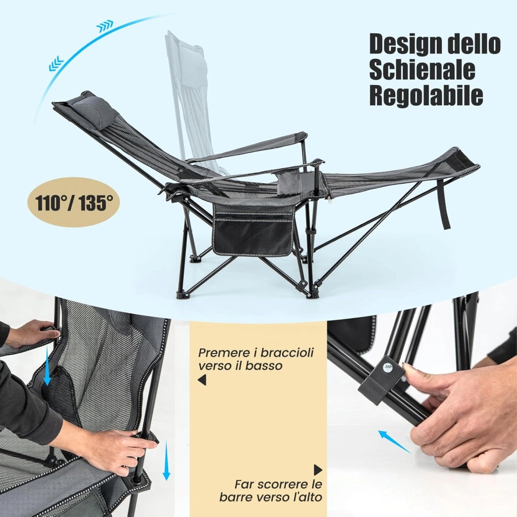 Sedia da Campeggio con Poggiapiedi Rimovibile, Sedie a Sdraio con Schienale Regolabile, Sedia Pieghevole con Borsa Portaoggetti, per Pesca, Campeggio, Picnic(Grigio)