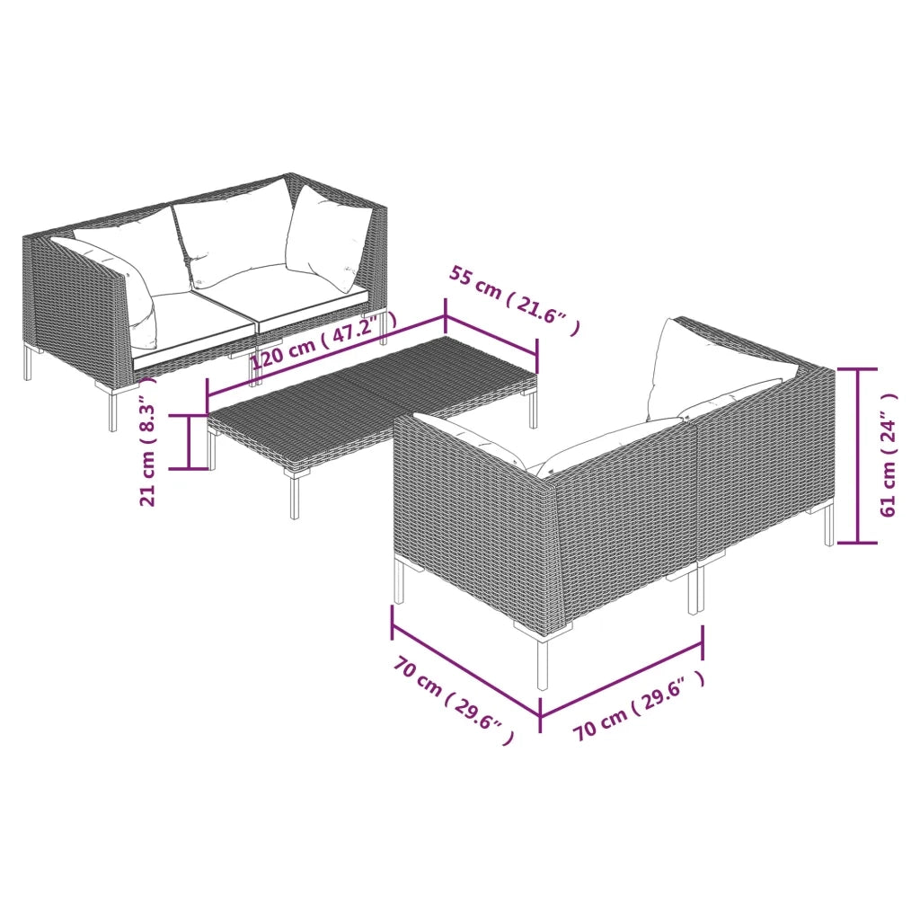 Divani da Giardino 5 pz con Cuscini in Polyrattan Grigio Scuro 3099798