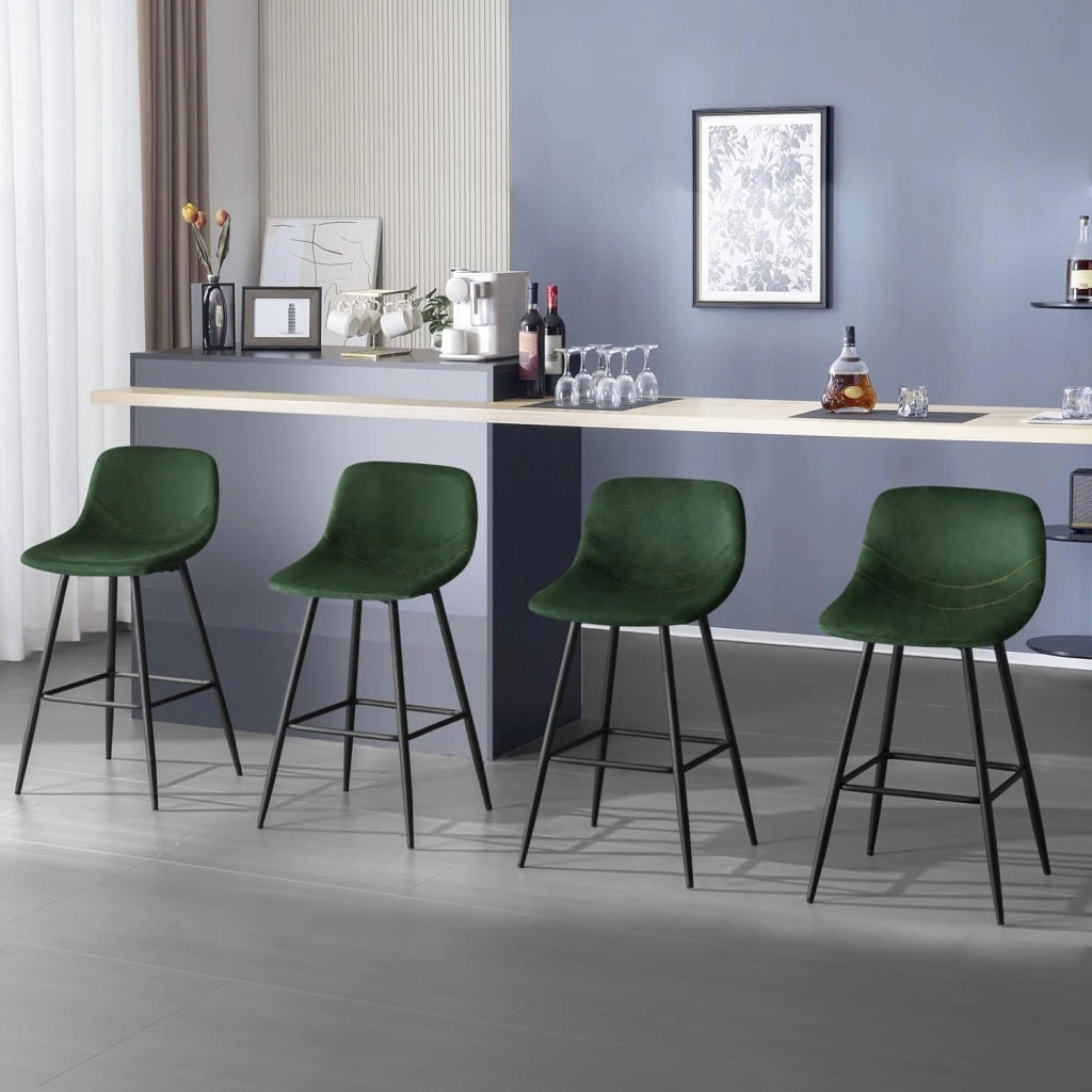 Set di 6 Sgabelli Alto da Bar, Sgabello da Cucina Moderno, Sedia da Bar con Poggiapiedi, Sgabello con Schienale, per Bistrot, Pub, Caffetteria, in Velluto e Metallo, Verde scuro, 1089BY-6