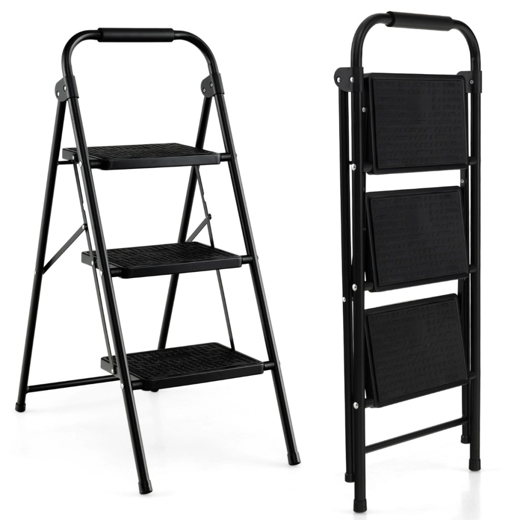 Scala a 3 gradini pieghevole con ampio pedale maniglia antiscivolo, Scala portatile in metallo carico 150kg Nera-Scale e ponteggi