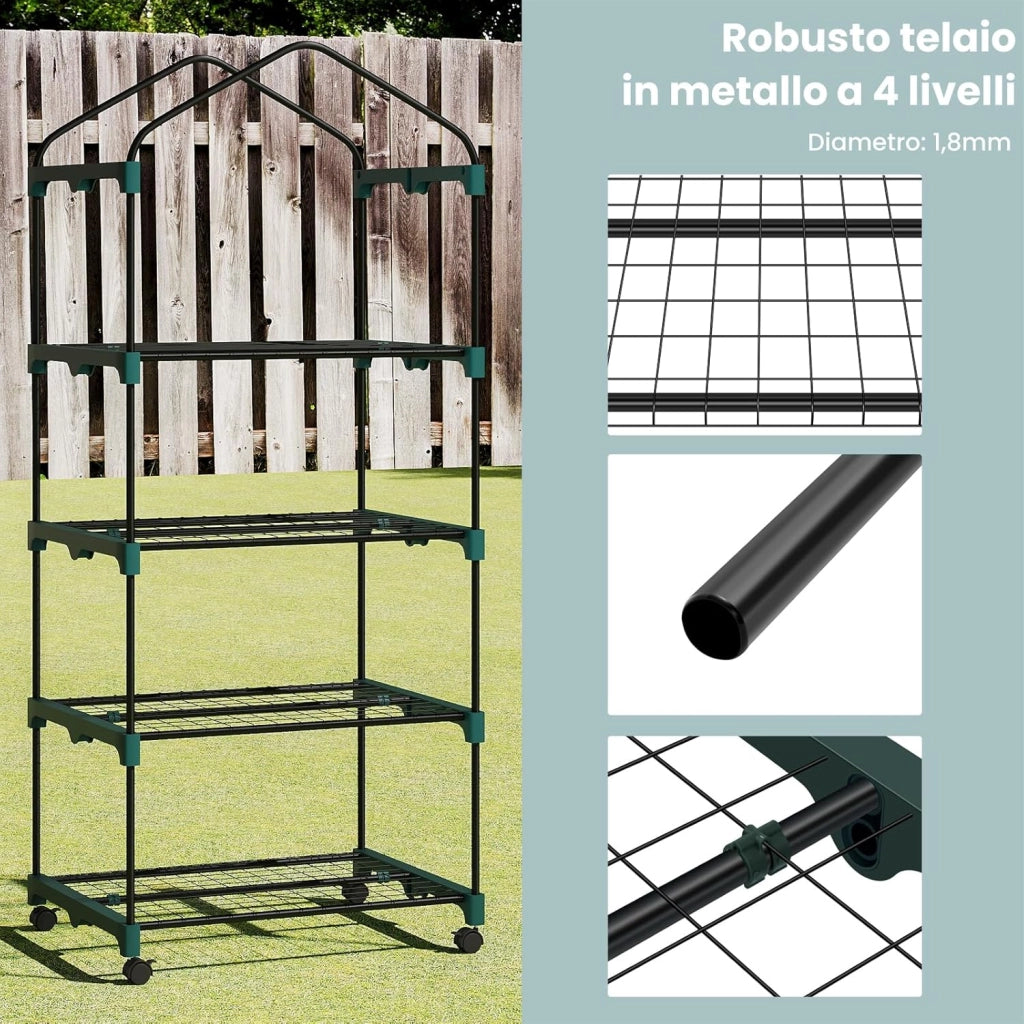 Serra da Giardino, con Ruote, Serra da Balcone, 70x50x162 cm, Copertura in PE 140 g/m², Porta a Zip Avvolgibile, per Svernamento con 3/4 Ripiani, per Interni ed Esterni, Bianco