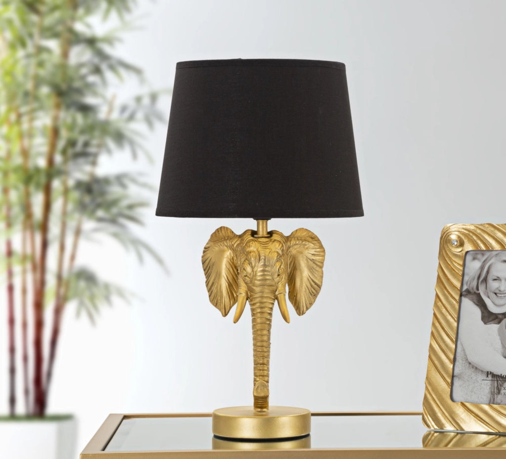 Lampada da tavolo con testa di elefante dorata, paralume nero diam 25x43 cm