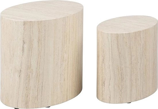 Set di tavoli moderni a forma ovale da 2 – Tavoli con finitura travertino – Ideali come vassoio per piante, tavolo laterale o tavolo d'angolo – Materiale legno con superficie in carta riciclata – 48x40x33 cm e 40x33x24,5 cm