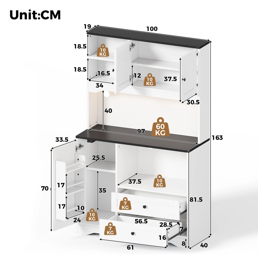 Credenza da cucina alta con LED, presa e 2 cassetti, ripiani regolabili, per cucina, bianca, 100 × 40 × 163 cm