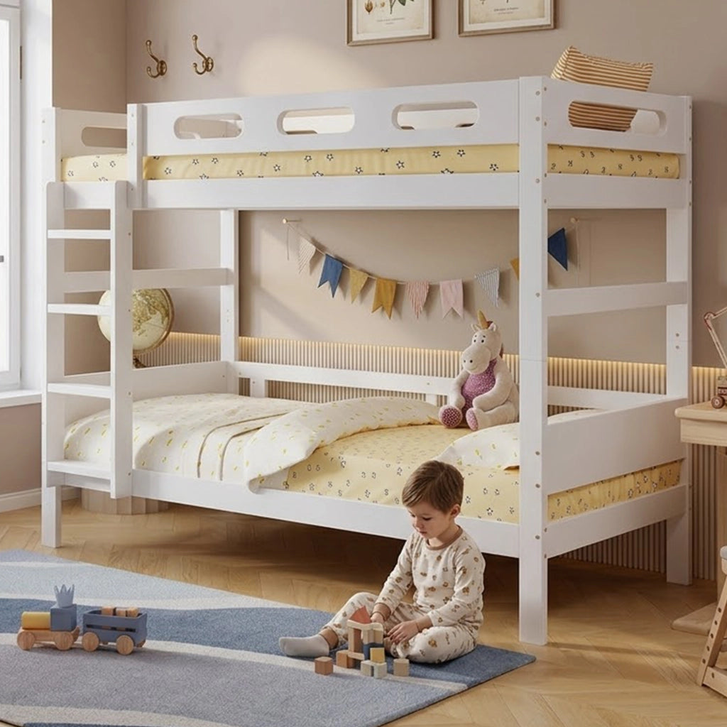 Letto a castello di 90x200 cm con sponda a scaletta in legno bianco