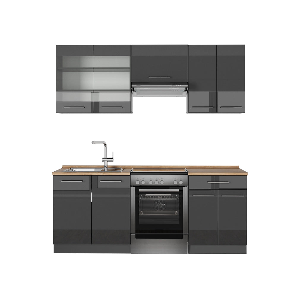 Cucina componibile Fame-Line Antracite lucido/Antracite 200 cm, PL Rovere Vicco
