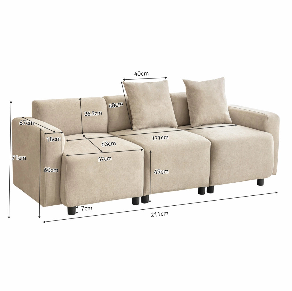 Divano 3 posti in ciniglia beige con 2 cuscini