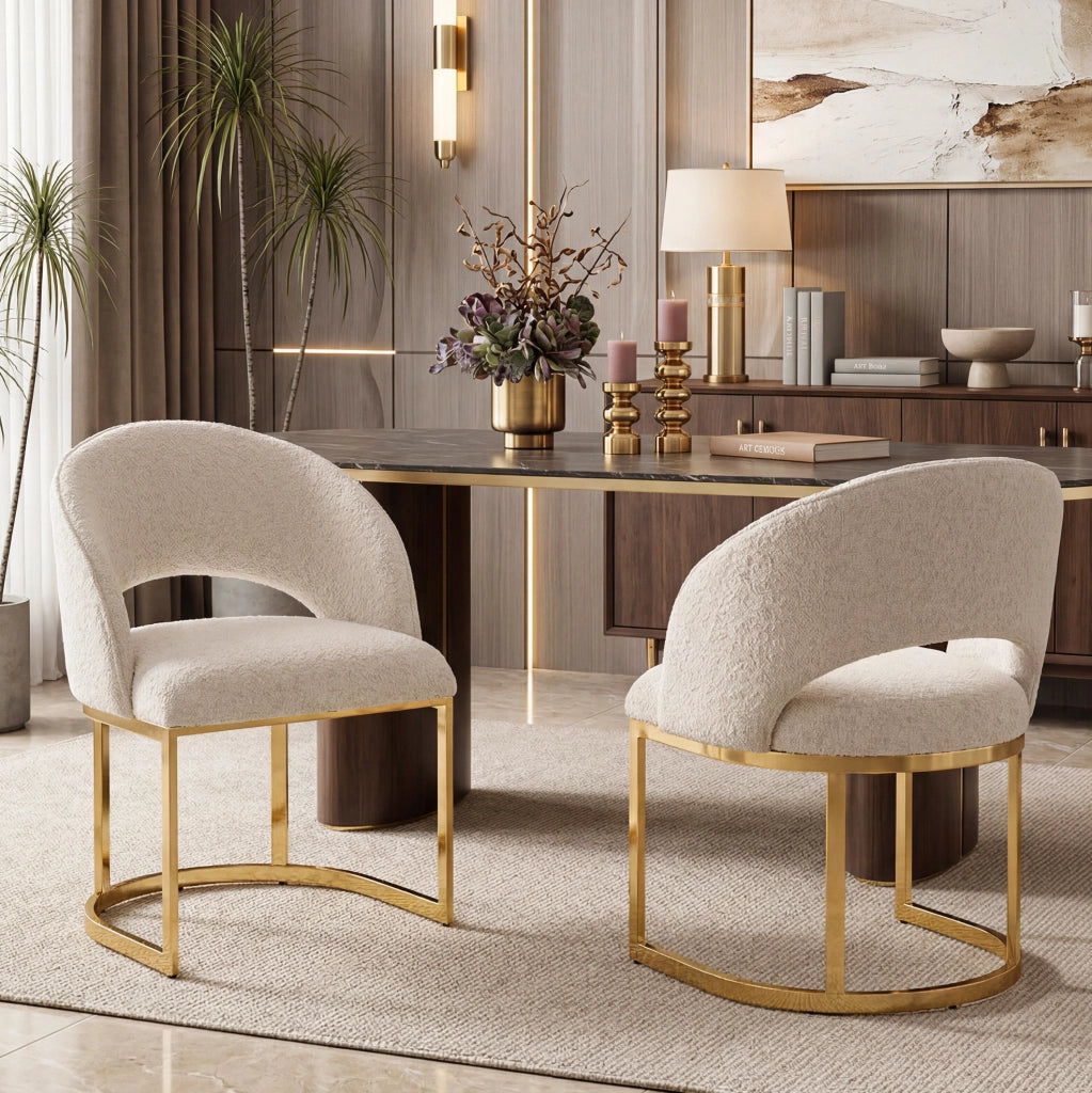 Set 4 sedie da pranzo in bouclé beige con gambe dorate
