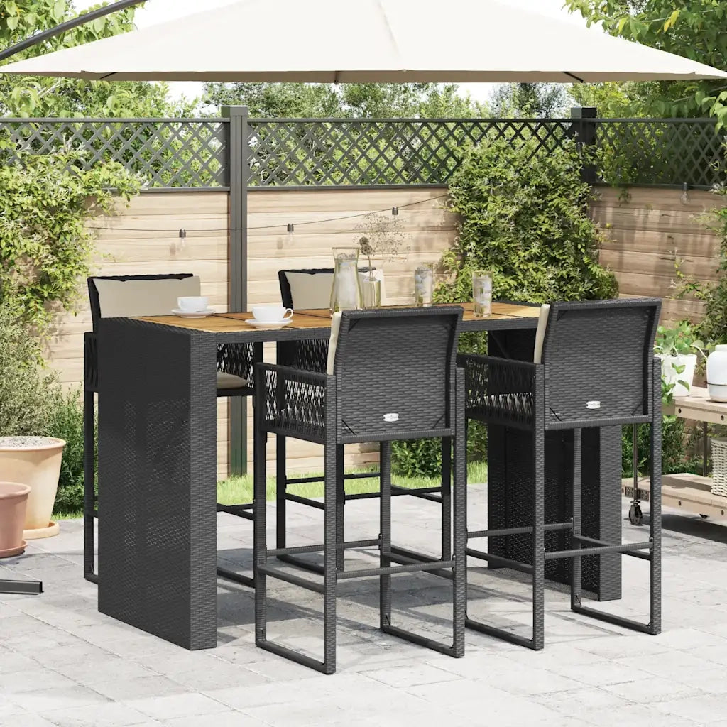 Set Bar da Giardino 5 pz con Cuscini Nero in Polyrattan Acacia 3328901