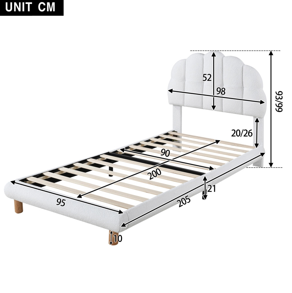 Letto imbottito 90x200 cm; testiera semicircolare; boucl茅; bianco