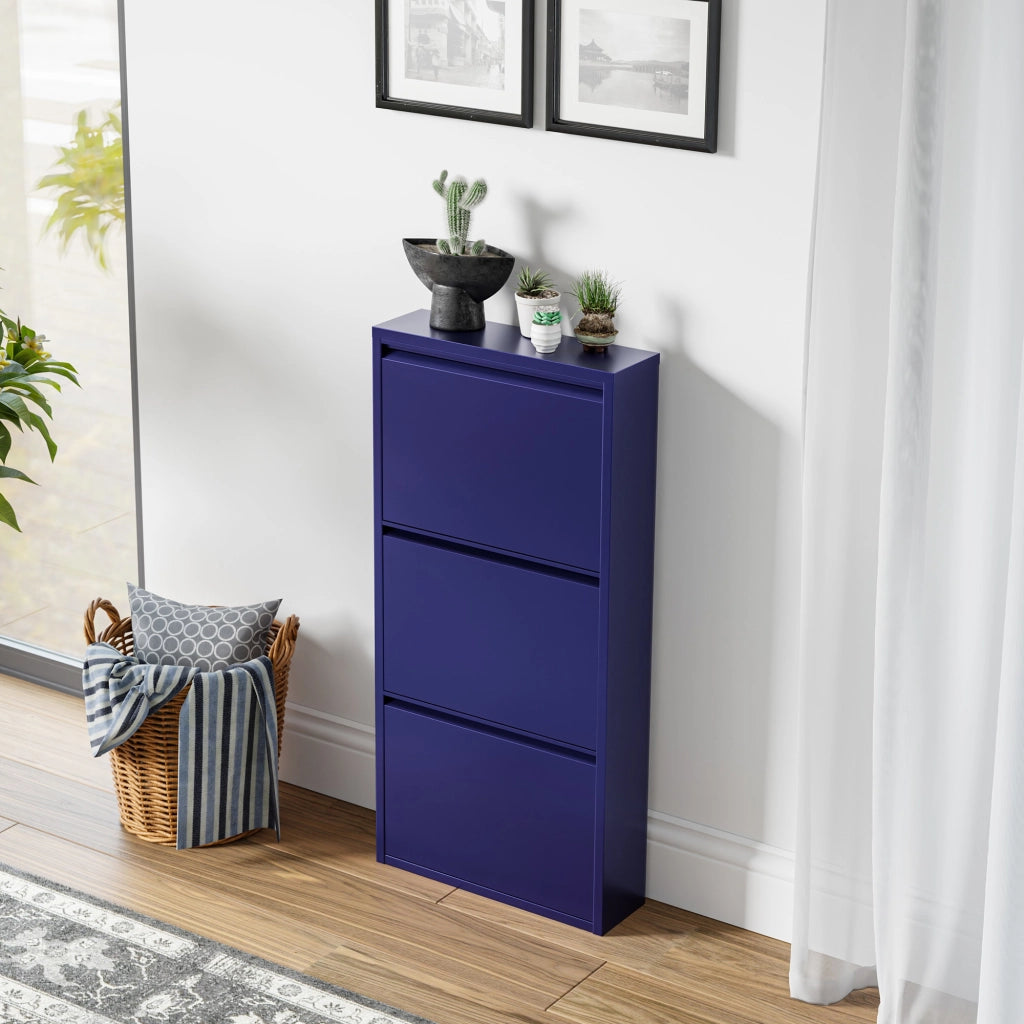 Scarpiera Sokndal con 3 Contenitori Ribaltabili Portascarpe in Metallo - Blu Notte [en.casa]