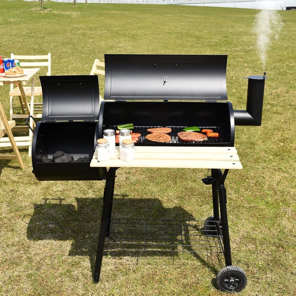 Barbecue a Carbonella in Metallo con Ruote e 2 Fornelli, Carrello per barbecue a carbonella per Esterno con Termometro, Affumicare e Grigliare 2 in 1, 115 x 65 x 108 cm