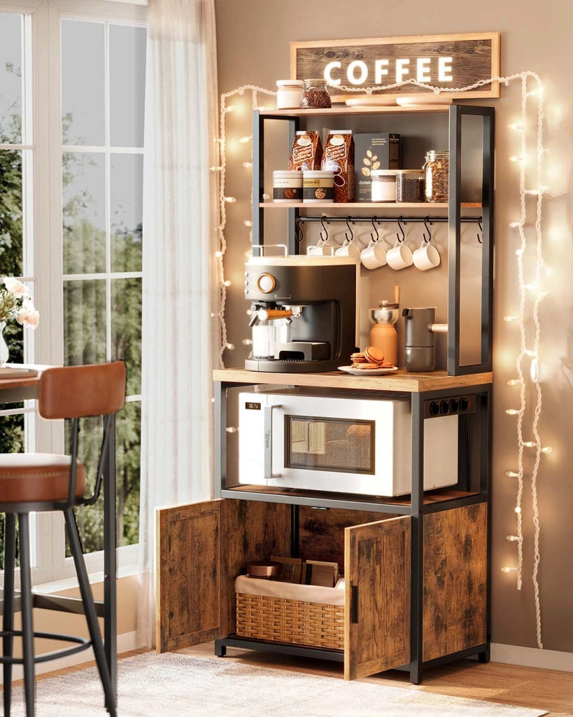 Mensola da cucina con multipresa bar con piano di lavoro 40 x 60 x 170 cm di altezza supporto per microonde con 8 ganci marrone 12_0007995