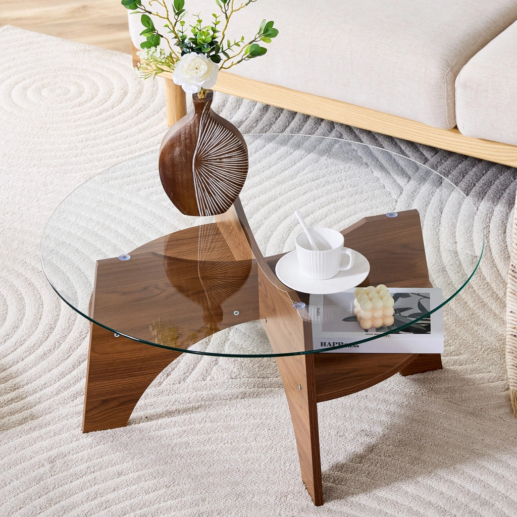 Tavolino da caffè con piano in vetro e base a ventaglio - per soggiorno - 80 x 36 cm