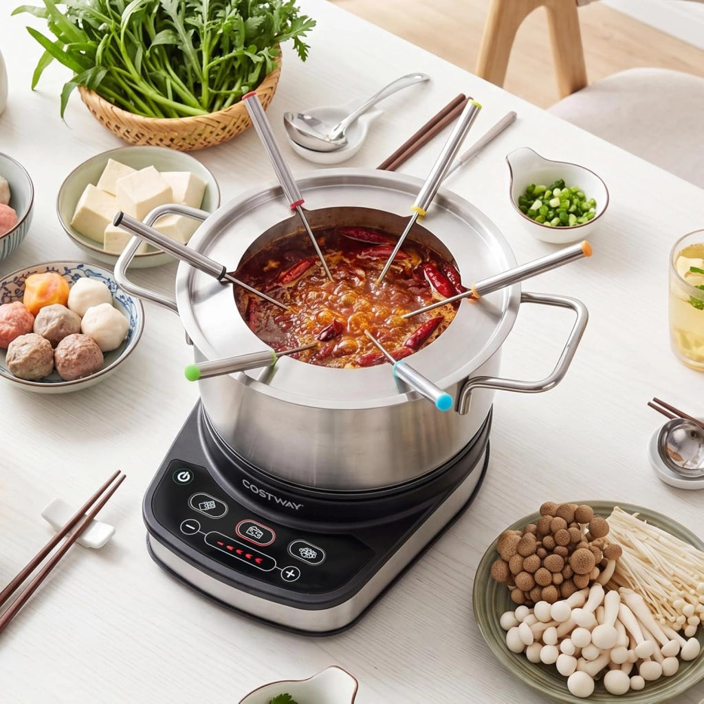 COSTWAY 3 L Set Fonduta Elettrica, Fondue per Formaggio, Bourguignonne, Cioccolato con 6 Forchette, Pentola Antiaderente e Paraspuzzi, Temperatura Regolabile, in Acciaio Inox, Rimovibile e Lavabile