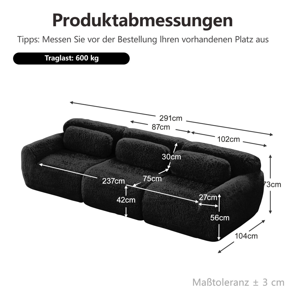 Divano modulare 3 posti 291x104x73 cm in tessuto peluche; nero; senza montaggio