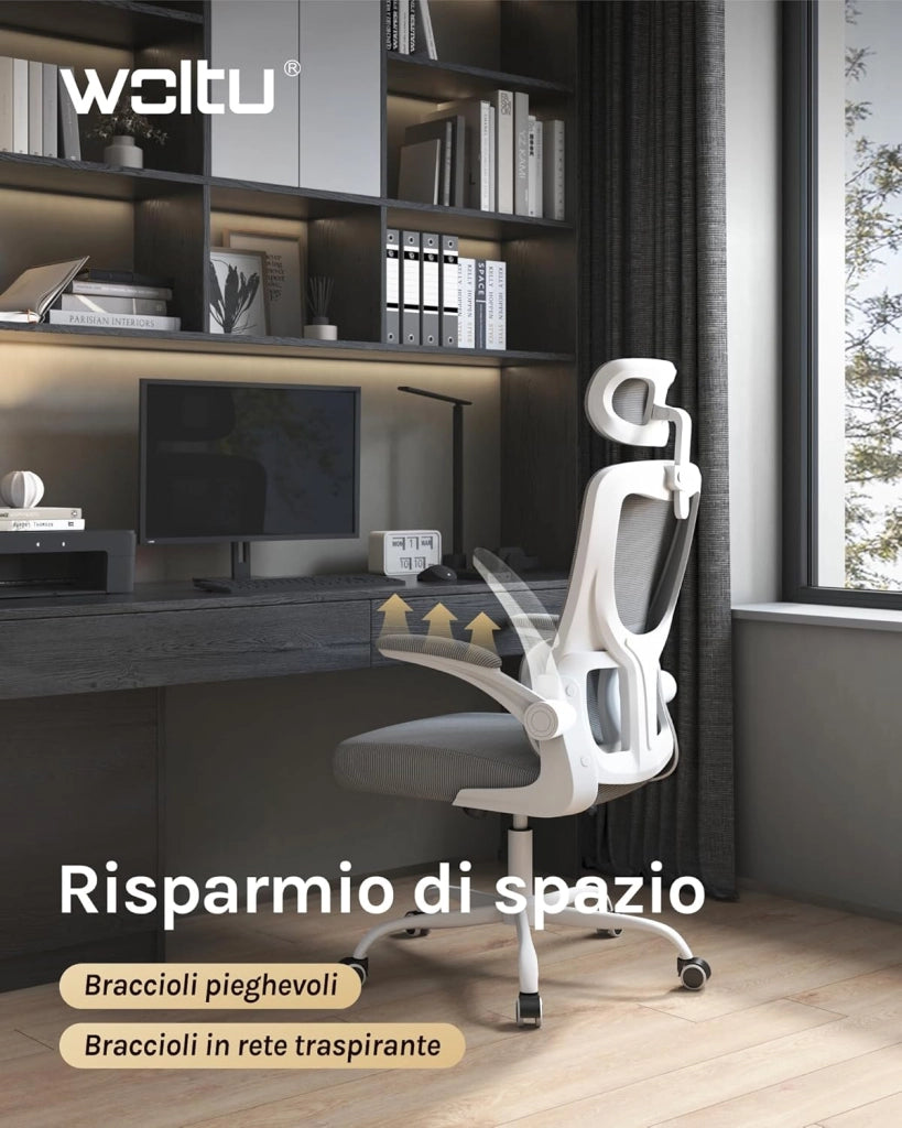 Sedia Ufficio Ergonomica, Sedie Ufficio a Rete Traspirante, Con Supporto Lombare Adattativo a Forma Di C, Poggiatesta Regolabile, Braccioli Ribaltabili, per Scrivania, Casa, Grigio