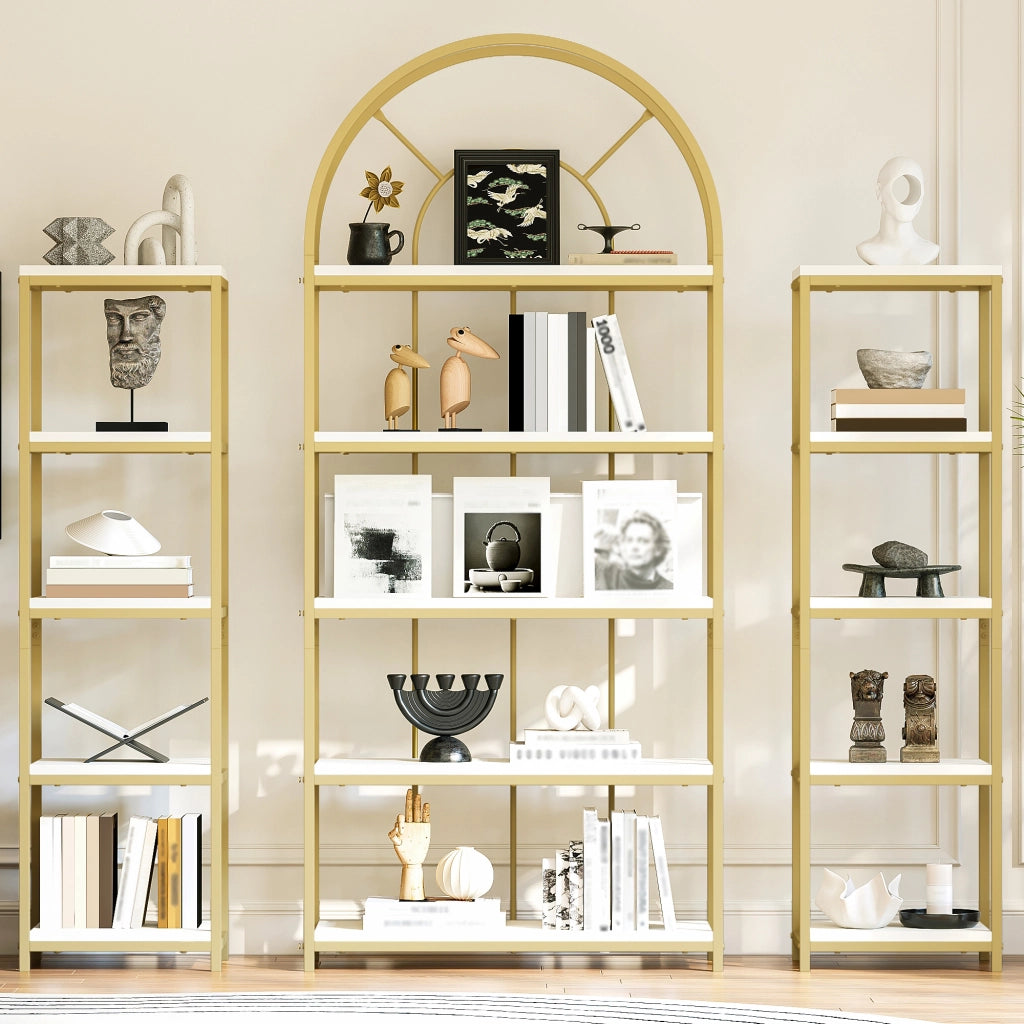 Scaffale modulare 3 pezzi 163×30×184 cm, struttura in metallo oro e MDF bianco, design ad arco