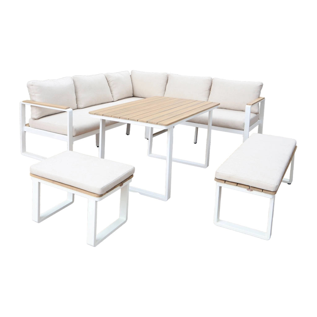 Salotto da giardino in legno di acacia e alluminio, 8 posti, bianco