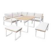 Salotto da giardino in legno di acacia e alluminio, 8 posti, bianco