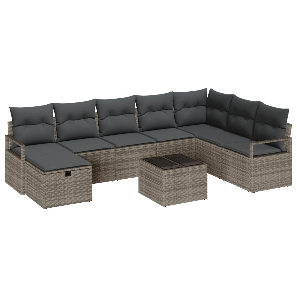 Set di Divani da Giardino a 9 Pezzi con Cuscini Rattan Grigio
