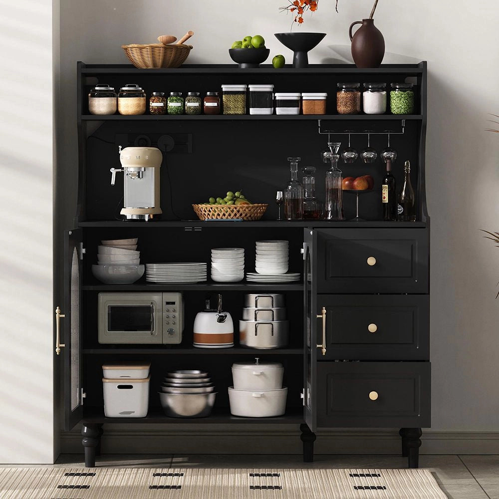 Armadio alto per cucina e soggiorno - Xylo - Nero - Prese elettriche, tiroir, porta-bicchieri