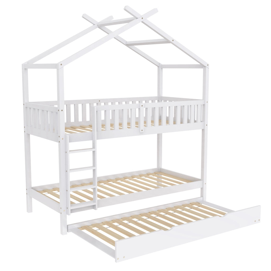 Letto a casetta per bambini e ragazzi 90x200 cm, estraibile, 3 letti separati, bianco