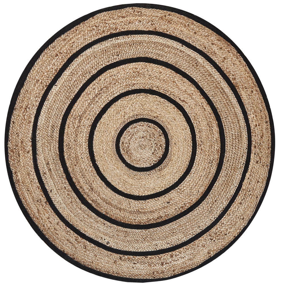 Tappeto tappetino Beige Nero Rotondo 140 cm Boho Rustico Cotone Intrecciato A Spirale Iuta