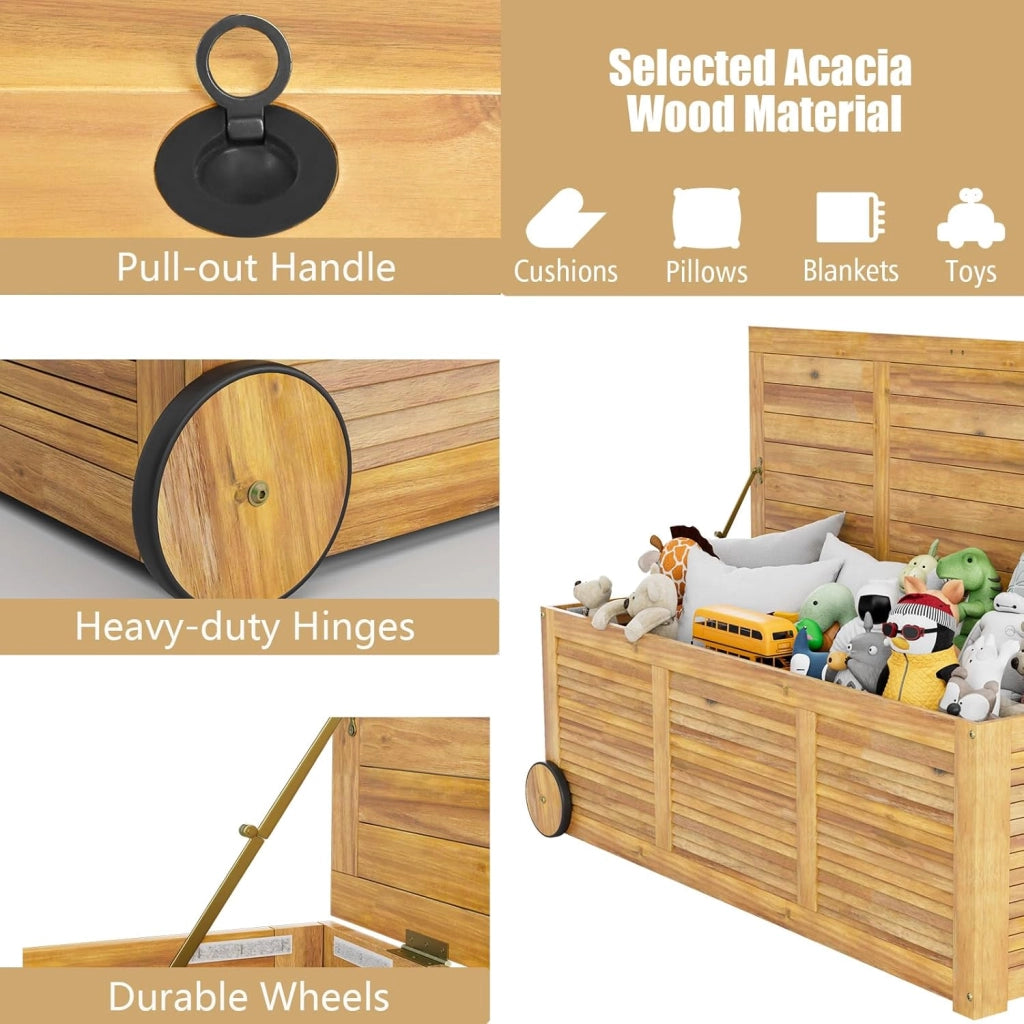 Baule da Giardino 182 L con Ruote e Maniglie, Contenitore da Esterno con Borsa Interna Resistente all'Acqua, Cassapanca Contenitore da Interno in Legno di Acacia, 127 x 50 x 45 cm