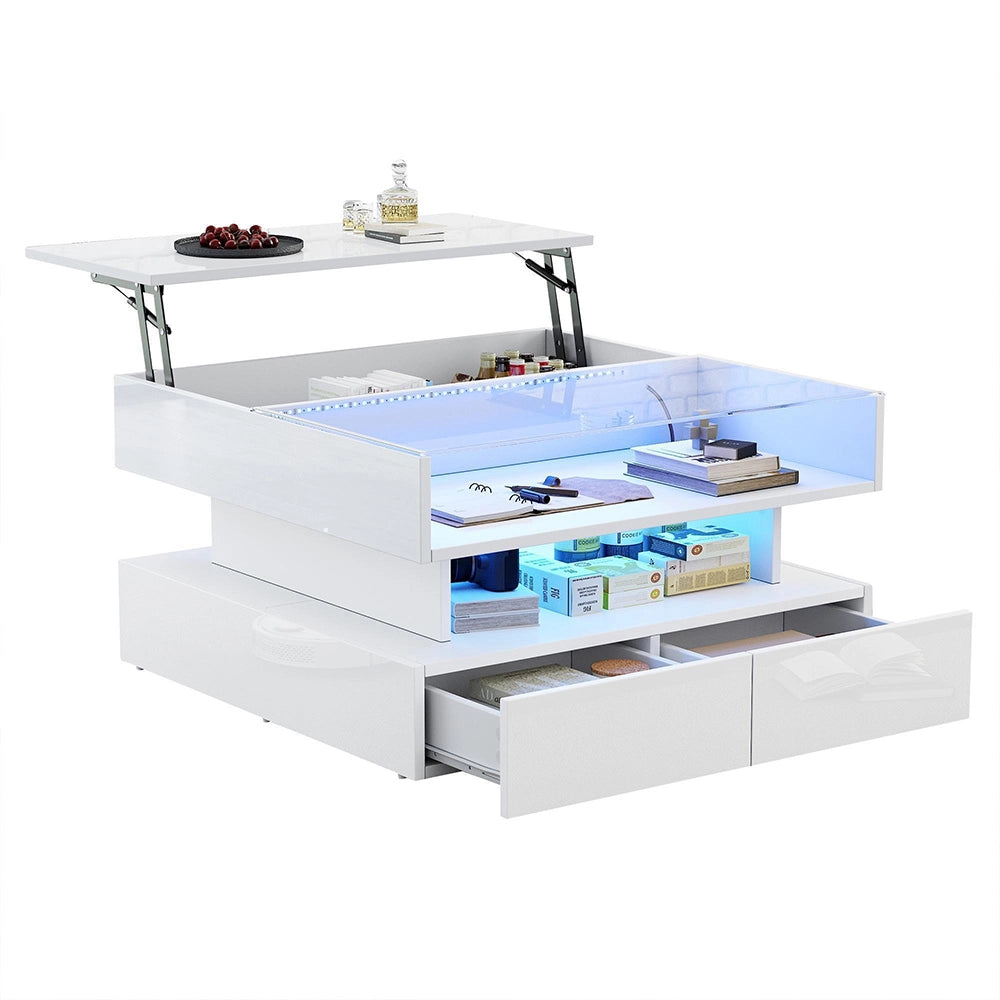 Tavolino regolabile - Xylo - 80x80cm vetro temperato 2 cassetti LED bianco