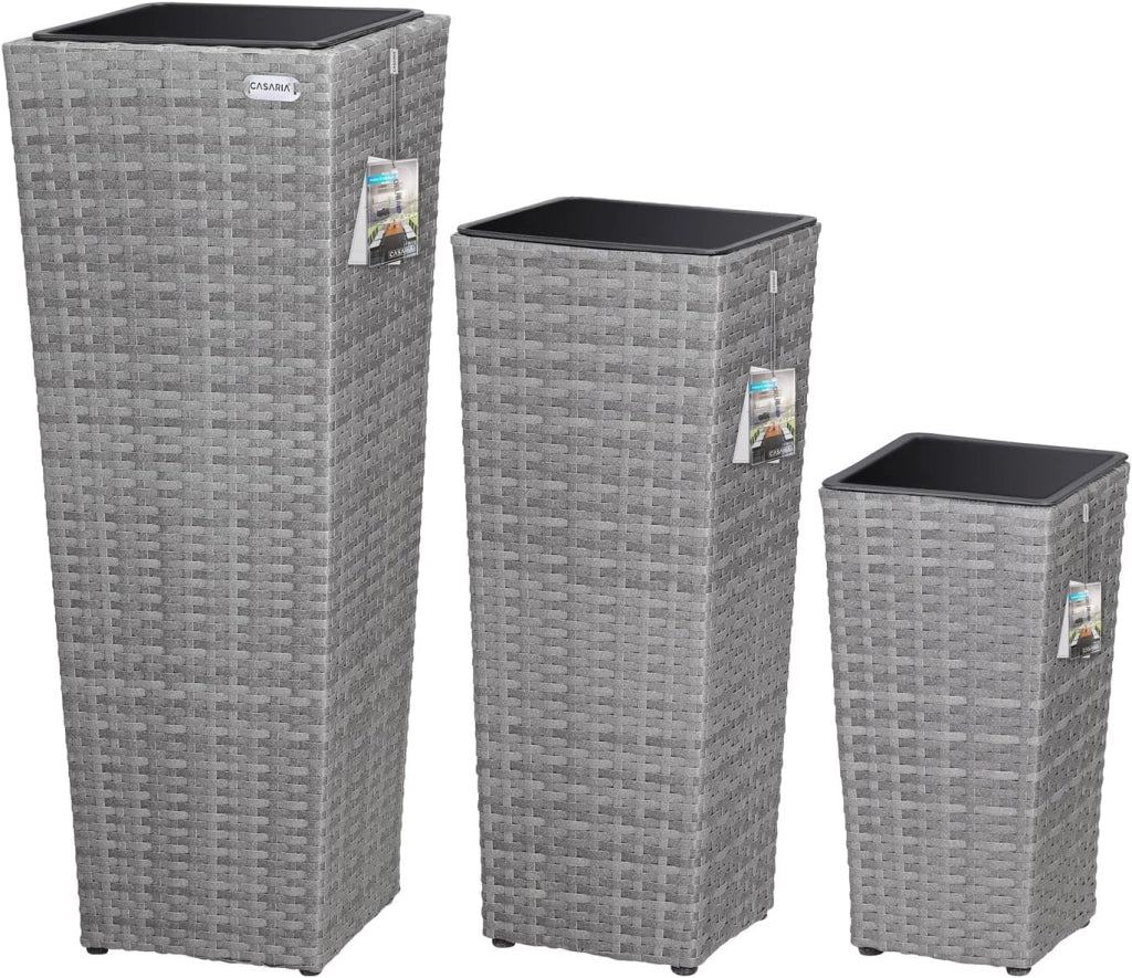 Deuba CASARIA® Set di 3 Vasi da Fiori in Polyrattan Intrecciato con Sottovaso e Foro Deflusso Acqua Richiudibile Vaso per Piante Effetto Rattan da Esterno Giardino Fioriere Fioriera