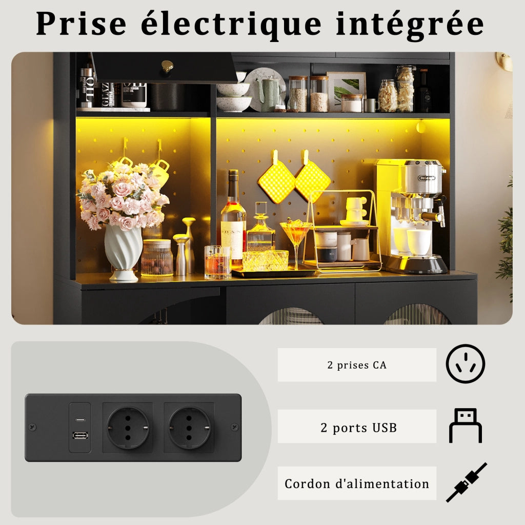 OKWISH Credenza alta da cucina con scaffali, 1 cassetto e vani aperti, LED, prese e porte USB, 120×40×176 cm