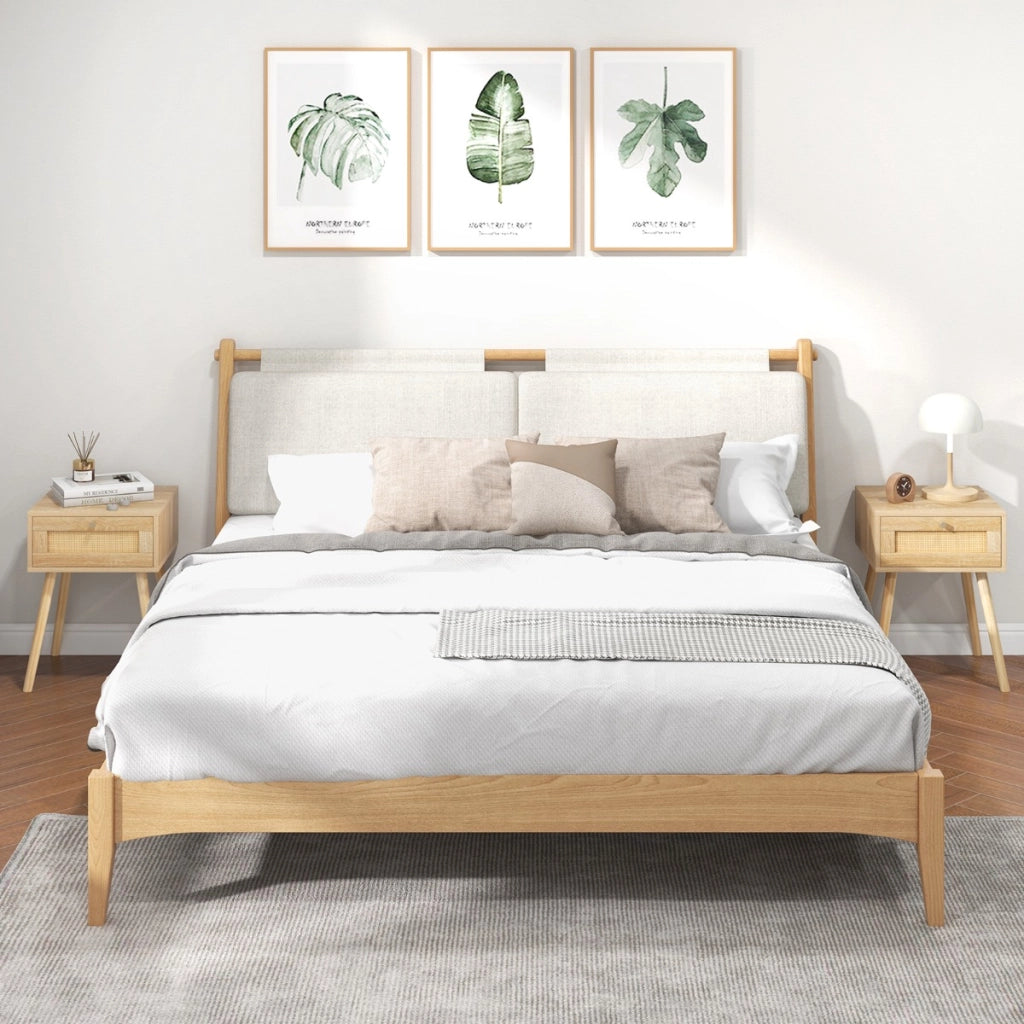 Set di 2 Comodini in rattan con decorazione intrecciata a mano, Tavolini da letto boho in legno stile mid-century Naturale-Comodini