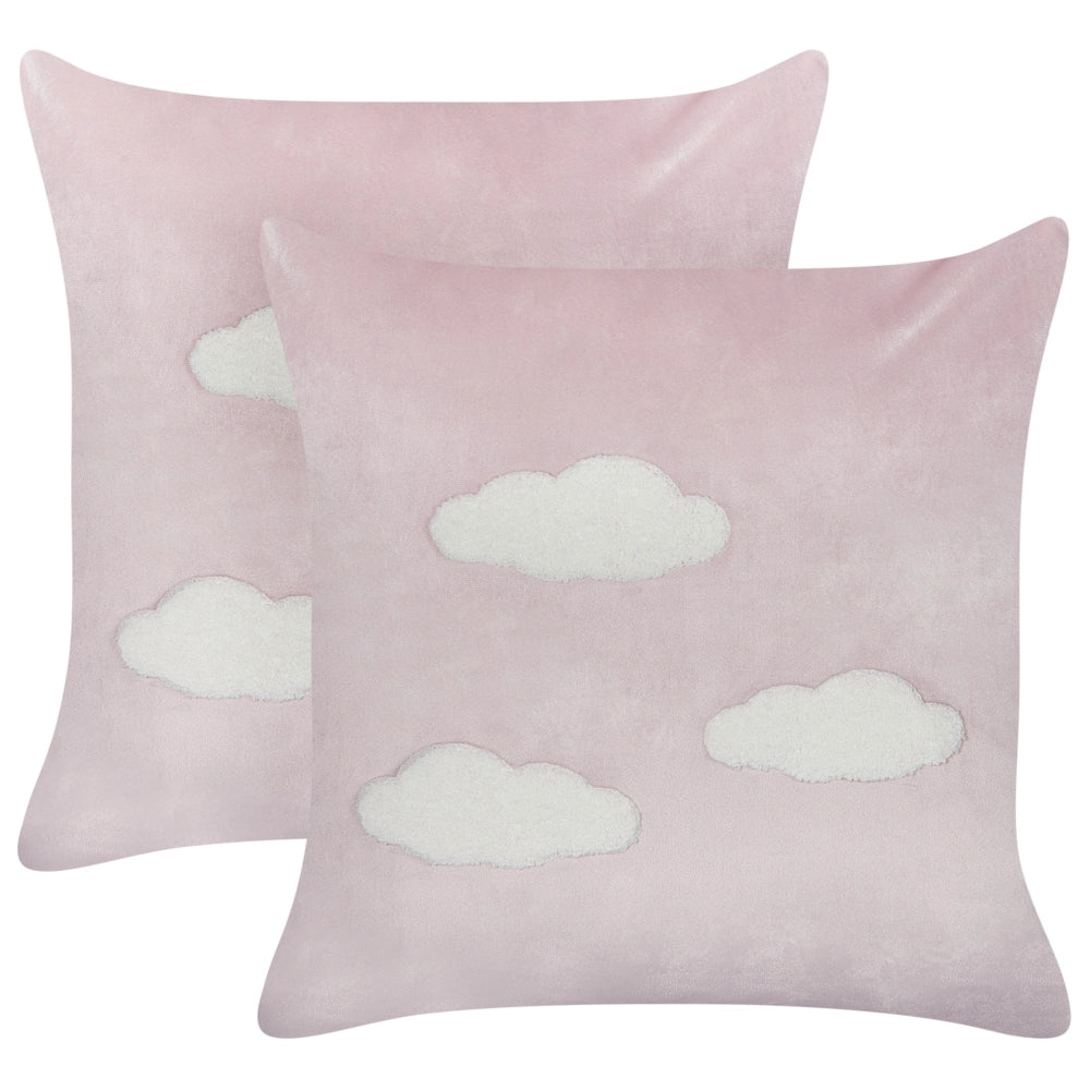 Set di 2 cuscini in velluto rosa con motivo a nuvolette 45 x 45 cm morbida imbottitura