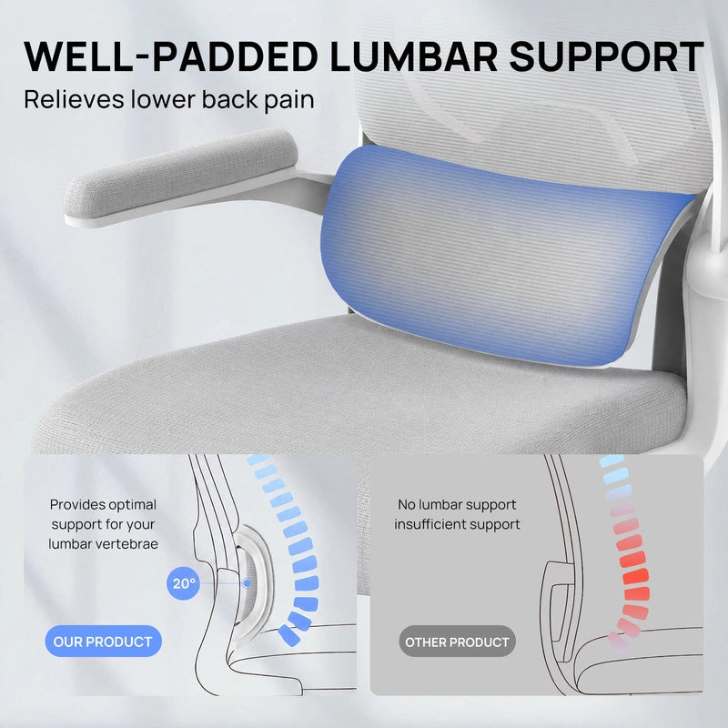 Sedia da ufficio ergonomica - Poltrona HAMLODY - con braccioli pieghevoli a 90° - Supporto lombare - Regolabile in altezza Grigio