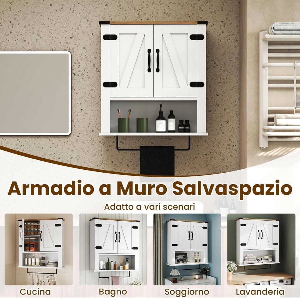 Mobiletto da Parete per Bagno con Porta Asciugamani, Armadietto Farmhouse con Ante a Botte & Ripiano Regolabile, Organizer da Muro Sopra il WC per Lavanderia, Cucina e Soggiorno