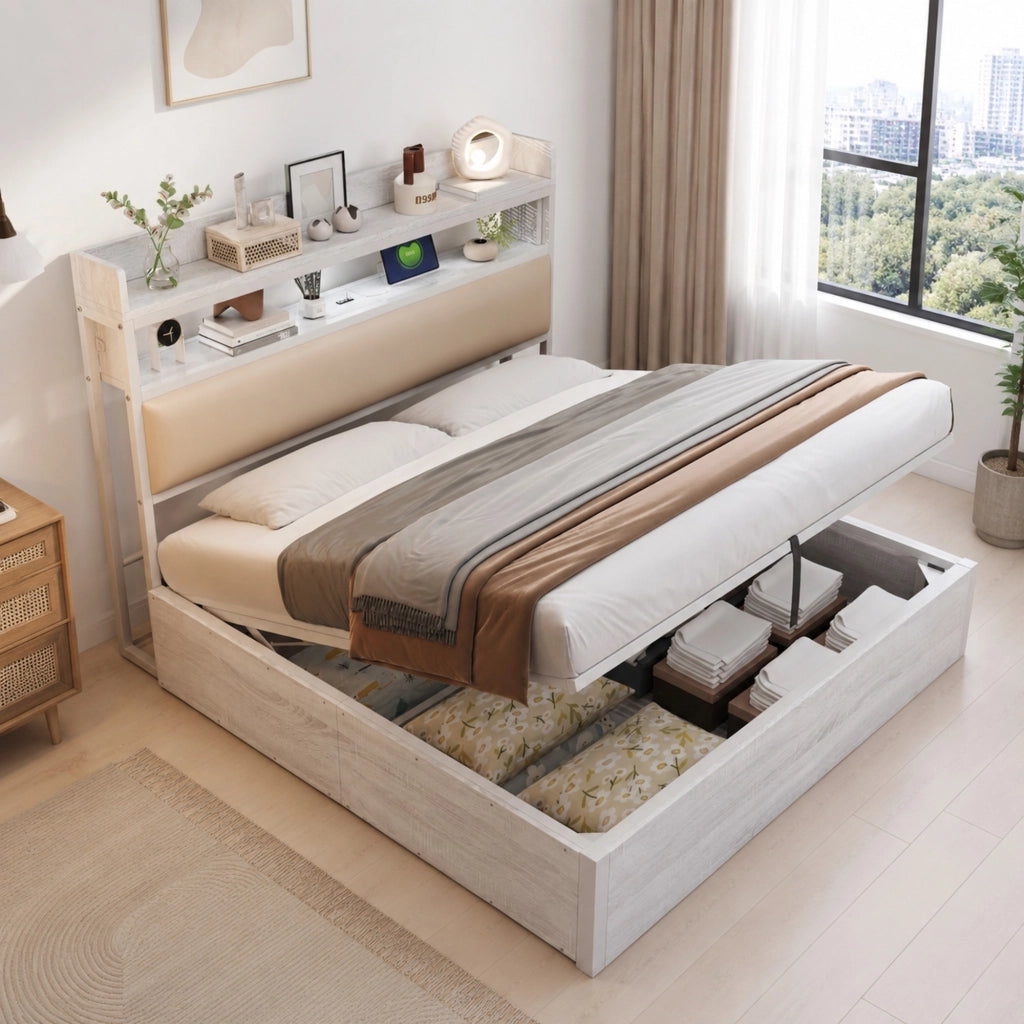 Letto matrimoniale con contenitore idraulico e testiera con USB