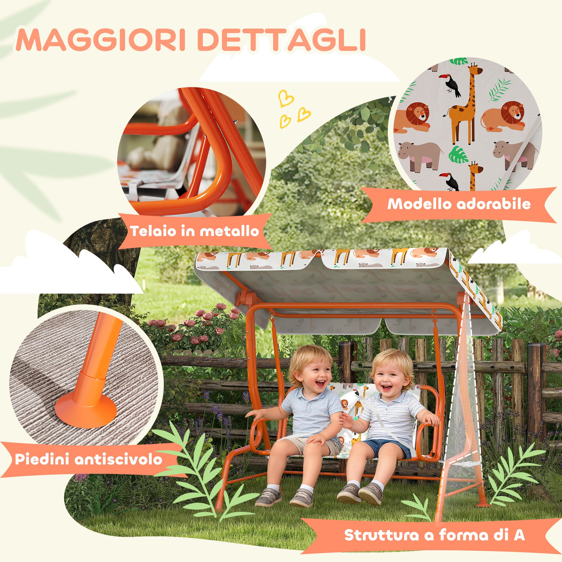 Dondolo per Bambini Altalena da Giardino 2 Posti 112x75x120 cm Arancione