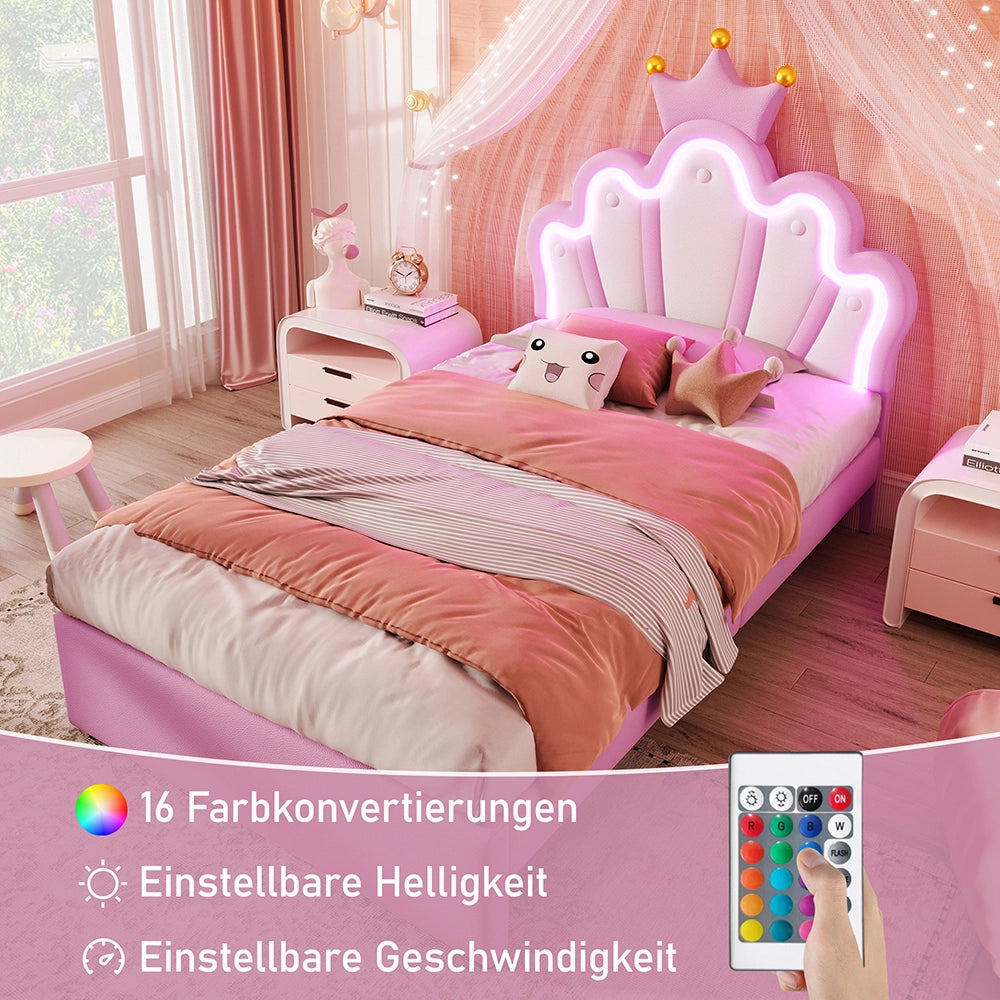 Letto bambino-Xylo-90x200 cm-2 cassetti, LED, testiera corona, PU rosa