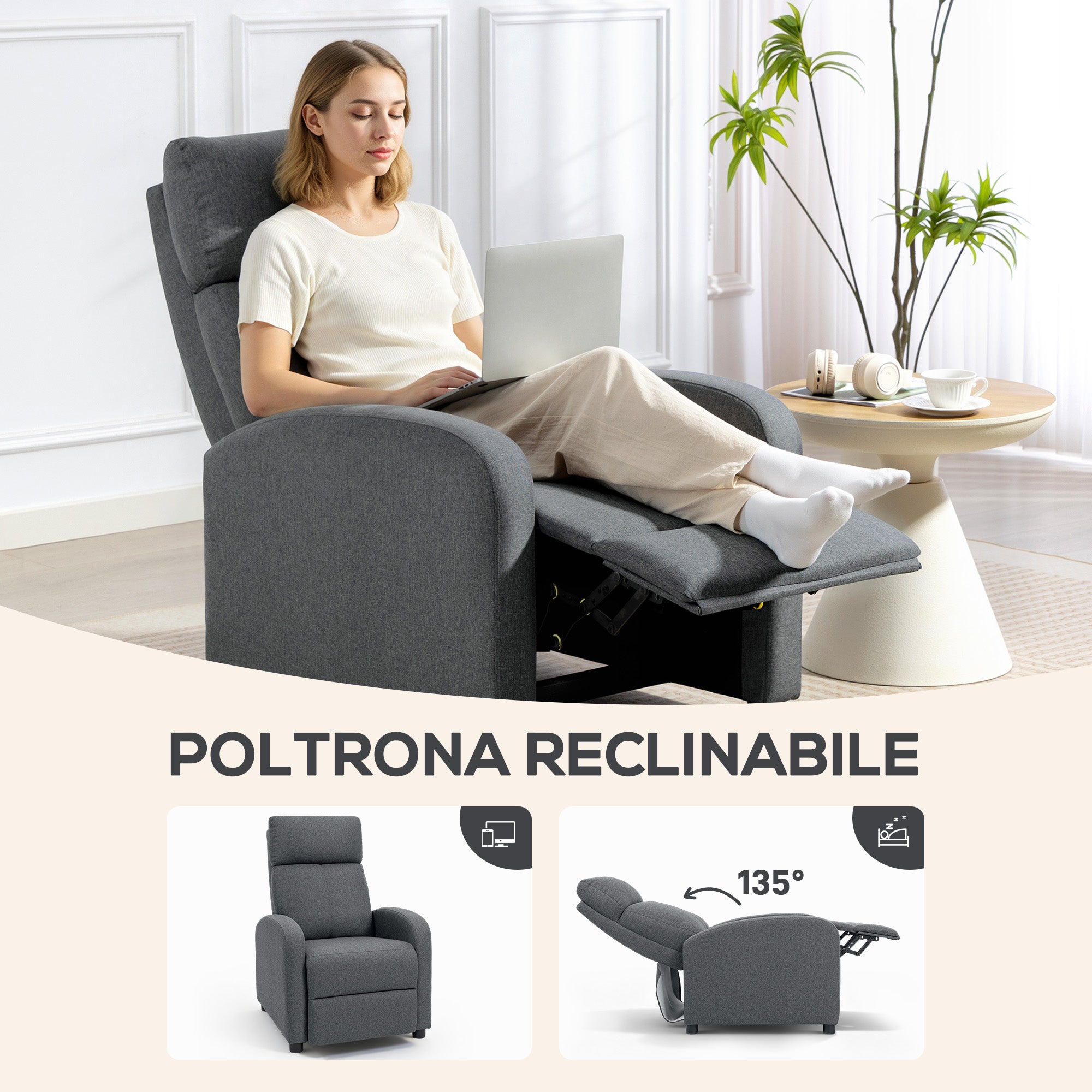 Poltrona Relax Imbottita 69x87x100,5 cm Reclinabile a 135° con Poggiapiedi in Tessuto Grigio