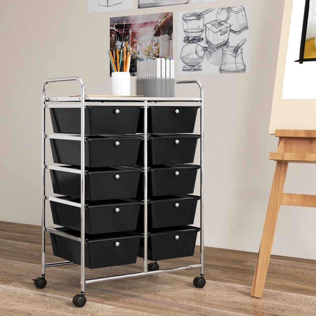 Carrello a 10 cassetti multiuso con ruote-Scaffale Organizzatore per carta da scrapbooking e utensili da ufficio Nero