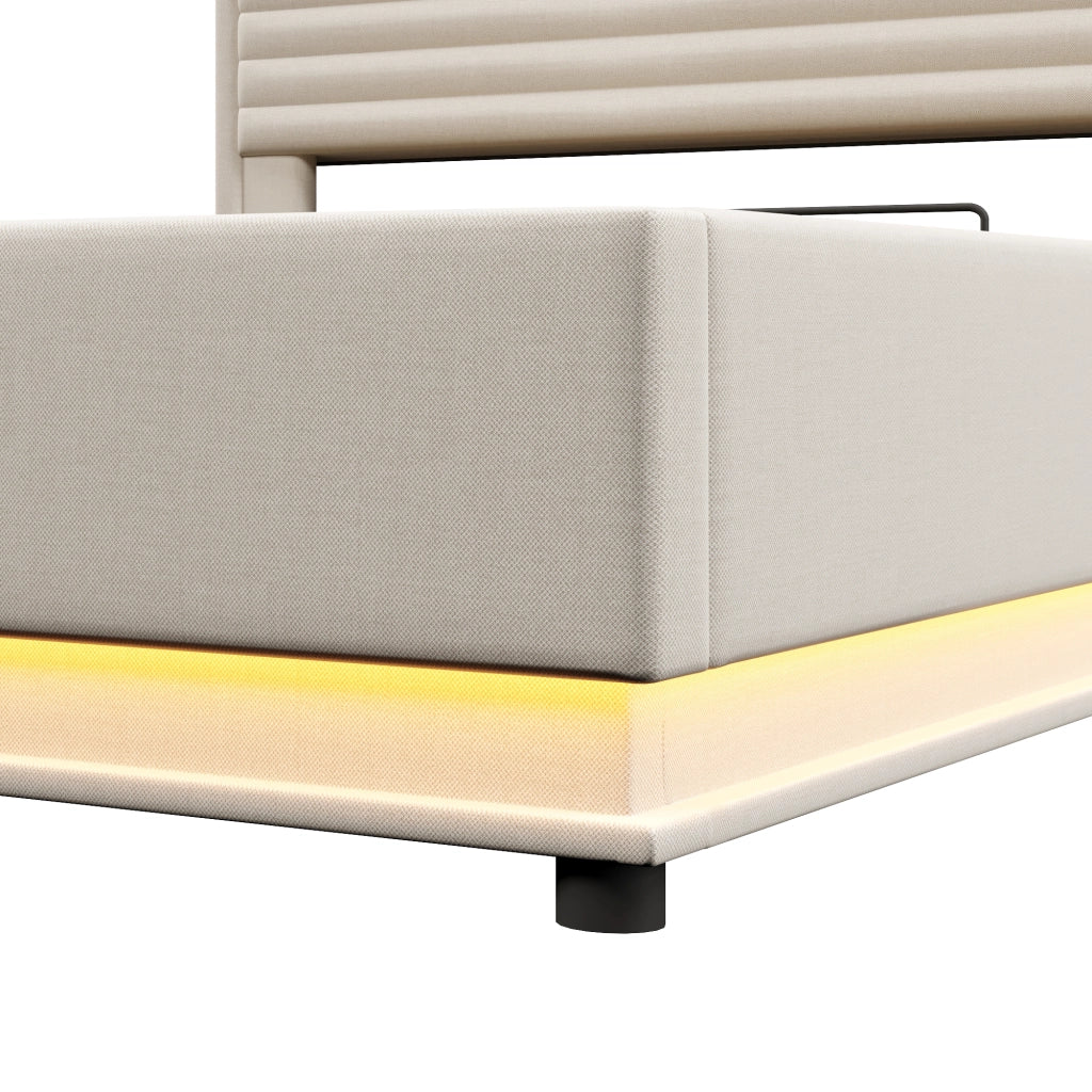 Letti contenitori 180x200 cm; contenitore idraulico con LED e USB; lino beige (Senza materasso)